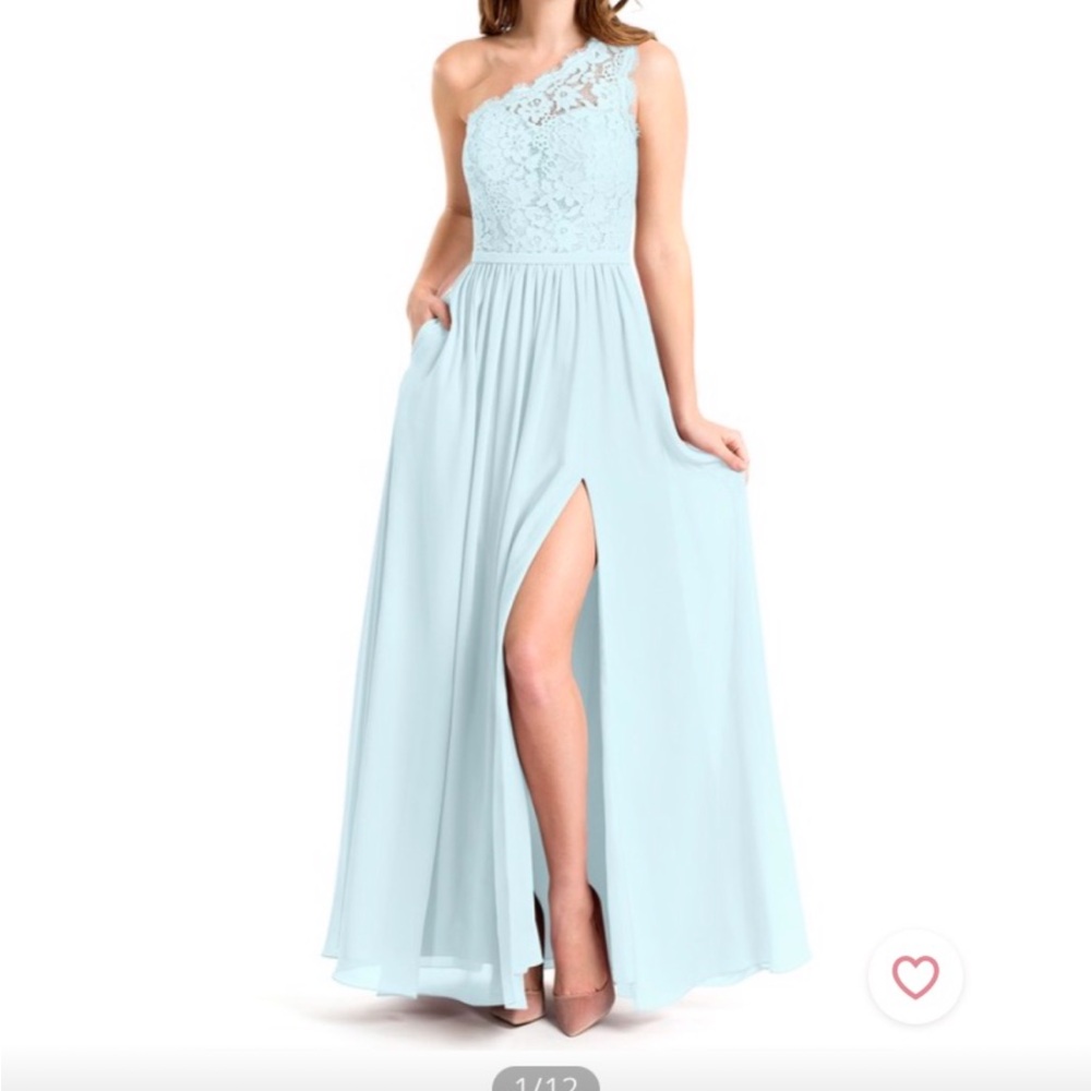 Azazie Chic One-Shoulder Lace Gown in Sky Blue